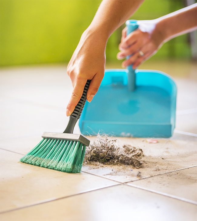 A woman sweeps up dust and dirt from the floor while cleaning the house